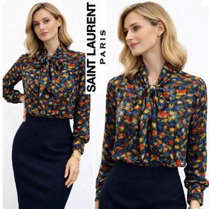Saint Laurent Vintage Silk Tie-Neck Blouse Abstract Floral Multi-Colour Size 10